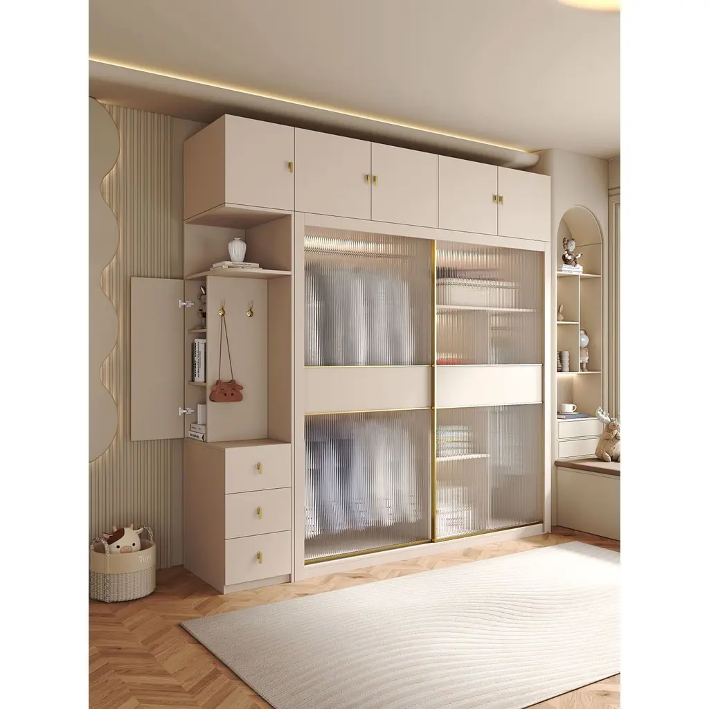 French Cream Style Solid Wood Sliding Door Light Luxury Wardrobe Modern Minimalist Nordic Wardrobe Home Bedroom Children Sliding Door