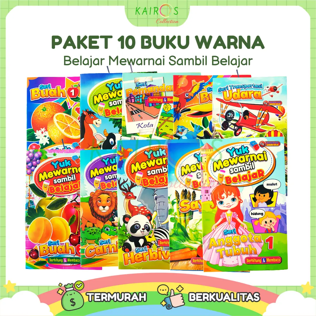Buku Mewarnai Edukasi Anak Isi 10 Buku Warna dan Belajar Anak Motif Buah, Sayur, Kendaraan, Binatang Books