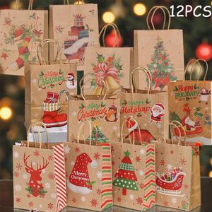 Christmas Gift Bag, 12pcs/set Colorful Kraft Paper Gift Party Favors Bag with Handle, Gift Wrapping Supplies for Holiday Party Birthday Christmas Stocking Filler