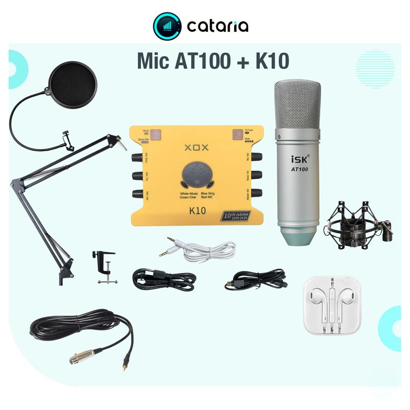 Bộ Mic Livestream THU ÂM Mic AT100 Kết Hợp  Sound Card XOX K10 Chuyên Livestream, Thu Âm Tặng Tai Nghe, Đèn Live, Cataria