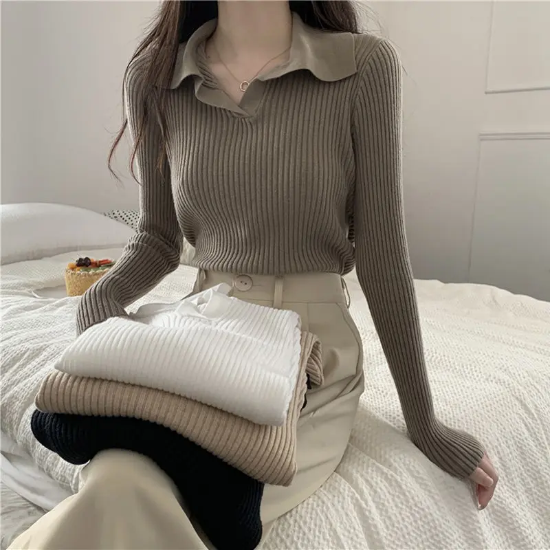Áo Dệt Kim, Phong Cách Hàn Quốc, Cổ Polo, Màu Trơn Thiết Kế Ngọt Ngào Bó Sát Dài Tay, Thích Hợp Cho Mùa Thu