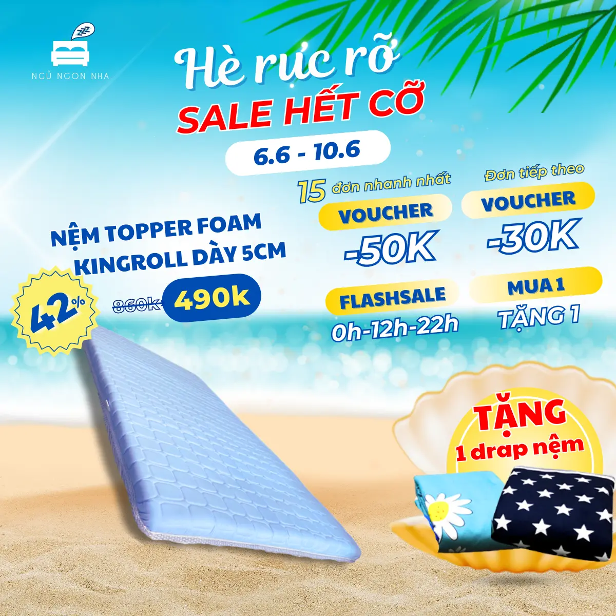 Đệm Topper nệm Foam Kingroll cao cấp dày 5cm đủ kích thước có thun ràng - Đàn hồi nâng đỡ và êm ái
