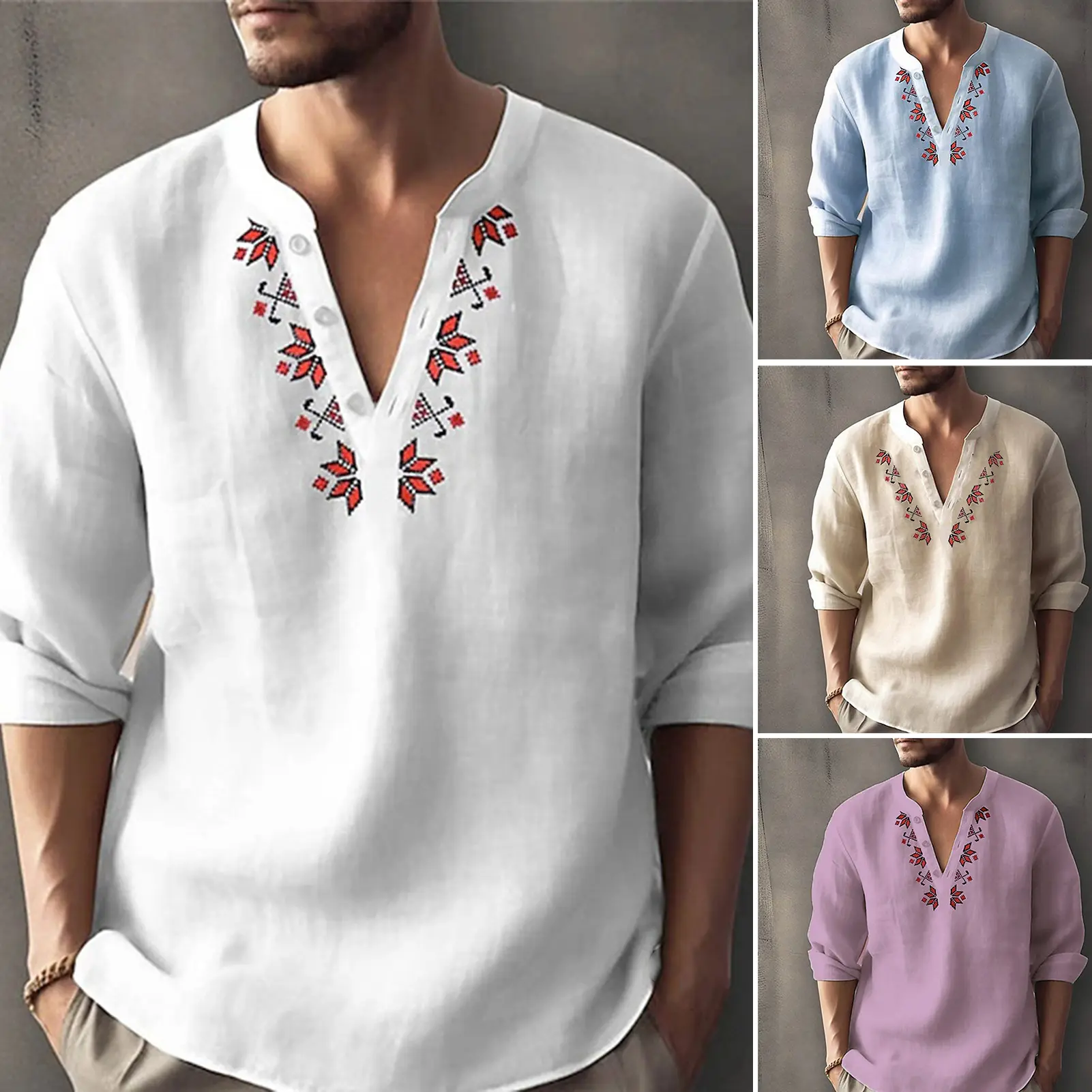 Qikbjgs Men Geometric Print Buttons Neckline Shirt Tops V-neck Long Sleeve Loose Fit Solid Color Thin Pullover Tops Workwear