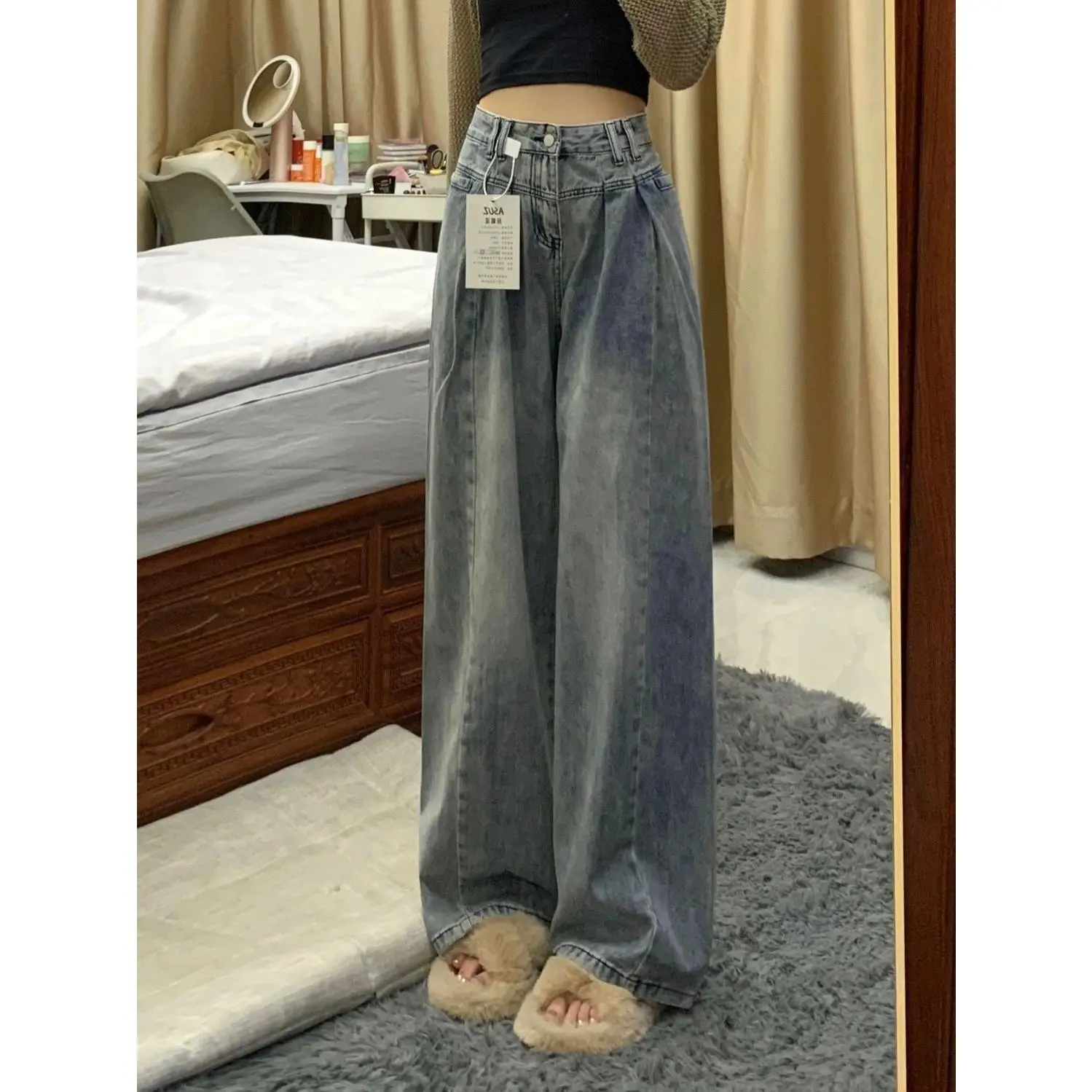 Tiktok Hot Sale Korean Style Ins Retro Hong Kong Style Jeans Women's 2023 New High Waist Baggy Straight Trousers Slimming Drooping Wide-Leg Pants