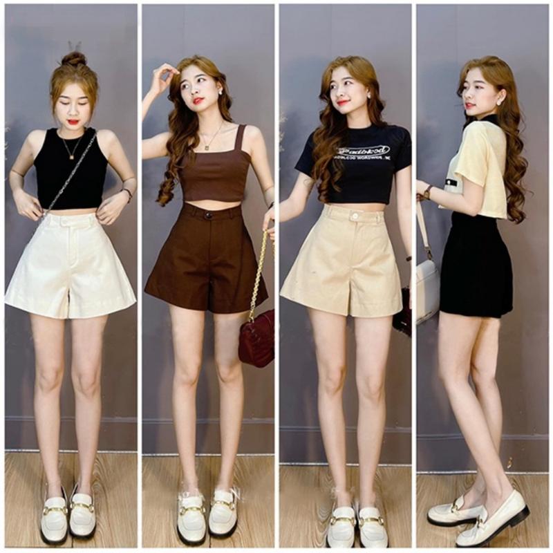 Quần ĐÙI Kaki nữ lưng cao khóa thật cúc lệch - Quần Short nữ ống rộng loe gập gấu cạp cao vải mềm mặc đi biển ở nhà học Women Kem Pants