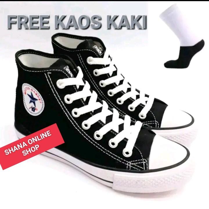 SEPATU SEKOLAH TALI MB HITAM PUTIH TINGGI GRATIS KAOS KAKI 1