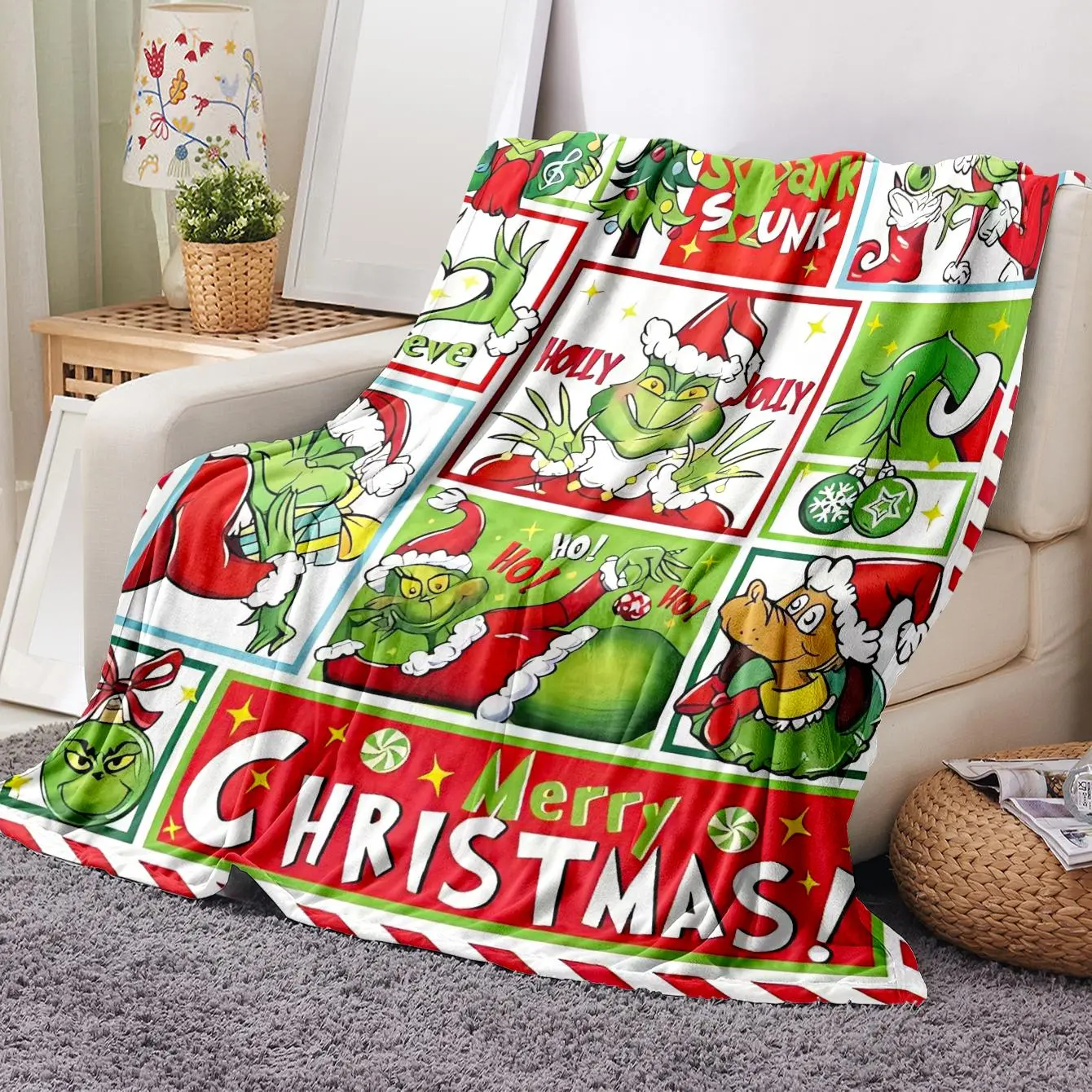 Christmas Themed Grinch Pattern Blanket, 1/2 Counts Soft Comfortable Throw Blanket, Cool Bedroom Bedding Blanket, Warm Napping Blanket for Home Office Travel