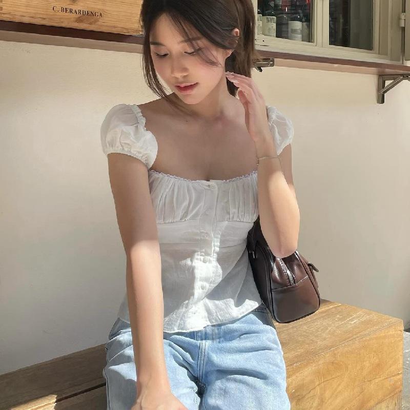 Women's Casual Square Collar Button-down Puff Sleeve Short-Sleeve Lace Patchwork T-shirt Tops Womenswear Blouse 4