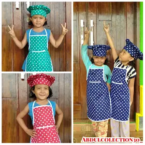 Satu set celmek anak+topi koki sewarna motif polkadot Murahhh Anak Biru Celemek Hijau Merah