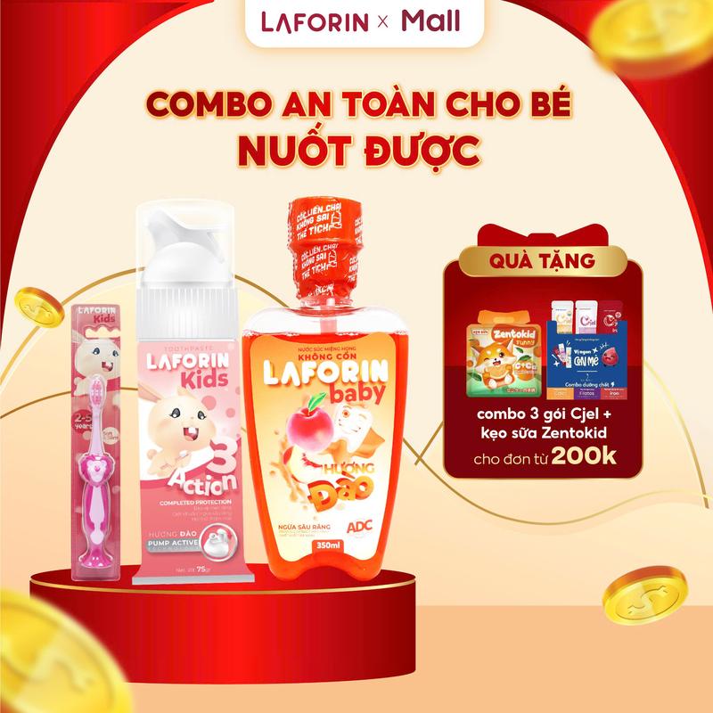 Combo chống sâu răng gồm kem đánh răng Laforin kids và nước súc miệng Laforin Baby - Hương đào, vị ngọt thơm, nuốt được cho bé 75g/350ml