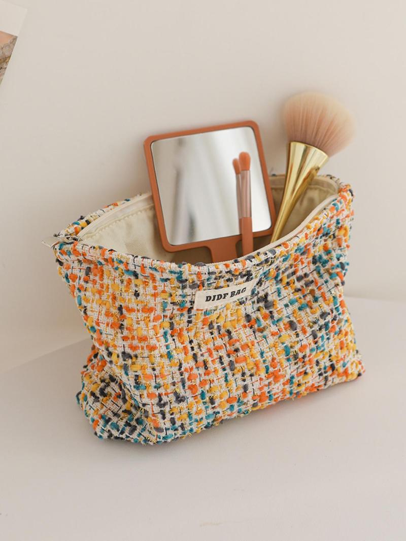 Product Introduction of Fashionable Tweed Decor Makeup Bag, Large Capacity Cosmetic Storage Bag, Portable Toiletry Bag for Women & Girls, Casual Trendy Versatile High-quality Daily Bag 3