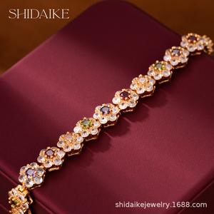 Gelang Tangan Petang, Gaya Eropah dan Amerika, Mewah, Bertatah Zirkon Berwarna-warni, Gelang Elegan, Fesyen, Mewah Emas Perak Permata Bangles