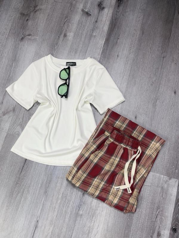 Sét cộc tay nữ áo tăm co giãn kèm quần suông kẻ caro