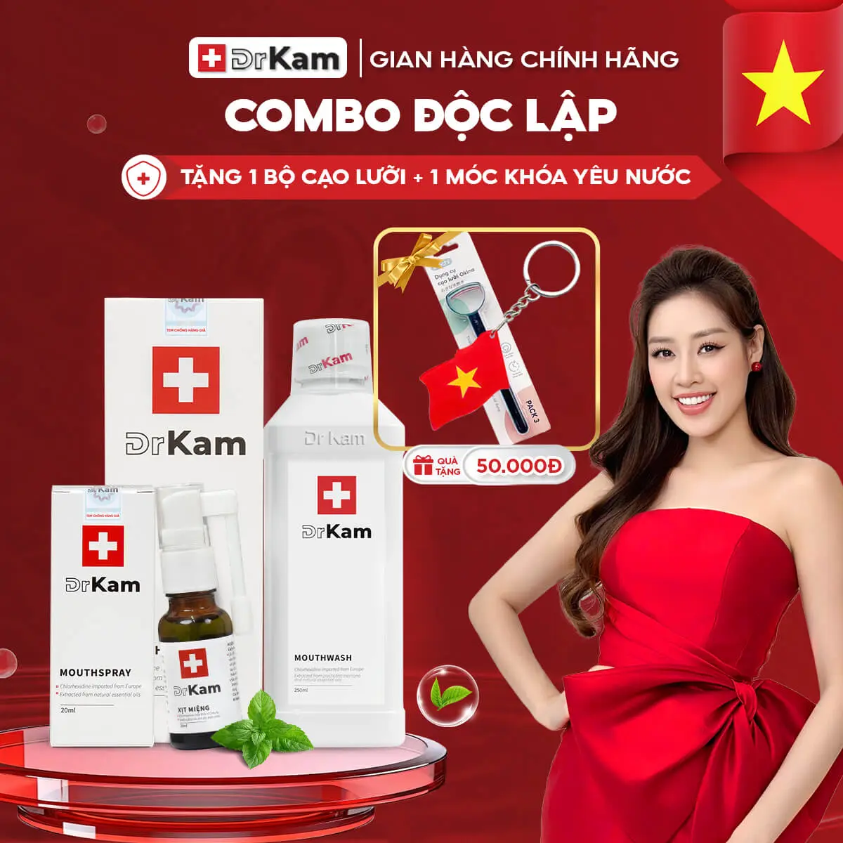 Combo chăm sóc răng miệng - Nước súc miệng & xịt miệng chuẩn y khoa DrKam khử hôi miệng, giảm viêm nướu. Tặng cạo lưỡi