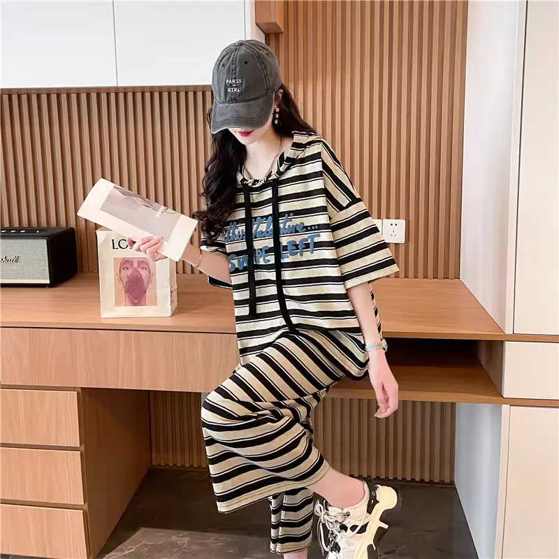 Plus Size Women's Clothing for Curvy Women Striped Hooded T-Shirt and Wide-Leg Cropped Pants Two-Piece Set Summer 2025 Fashion Outfit