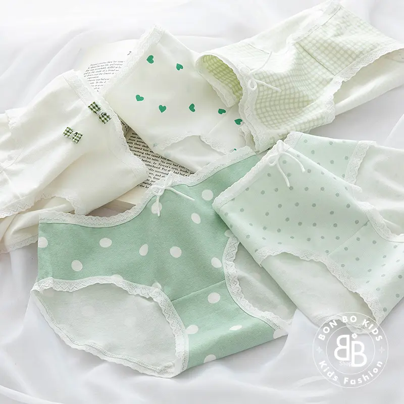 (Bon Bo Kids) Quần Chip Bé Gái Mẫu Chấm Bi Xanh, Quần Lót Bé Gái 32-60kg, Kháng Khuẩn, 100% Cotton an toàn cho bé 7