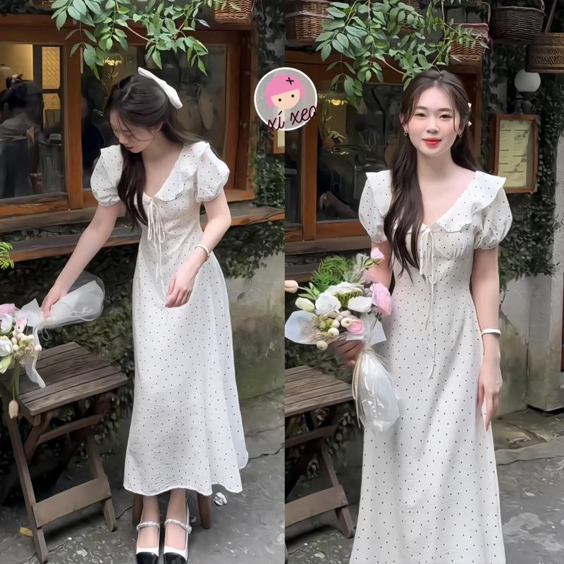 Váy cổ v dáng dài họa tiết chấm bi phong cách tiểu thư hàn quốc  xixeoshop - v155 Nữ Women