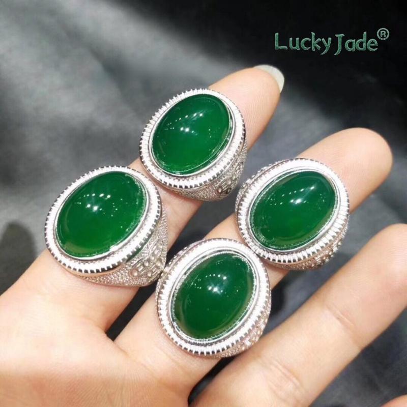 Product Introduction of [Lucky Jade] S925 Silver-Plated Inlaid Green Chalcedony Men's Rings High-End Gift 95