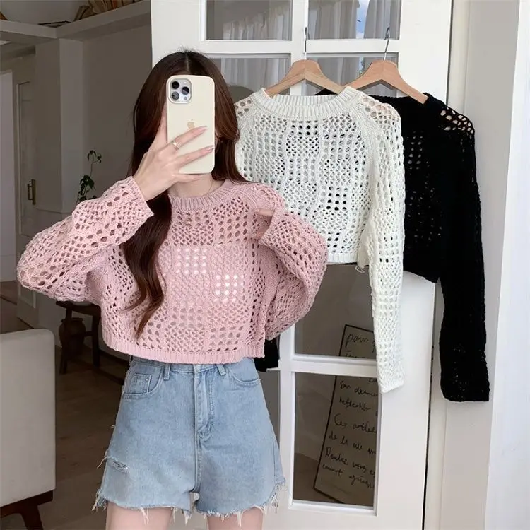 🔥Hot Sale Top for Women Early New Design Sense Korean Style All-Matching Pullover Sun Protection Knitted Blouse All-Matching Short Hollow out Women's Sweater
