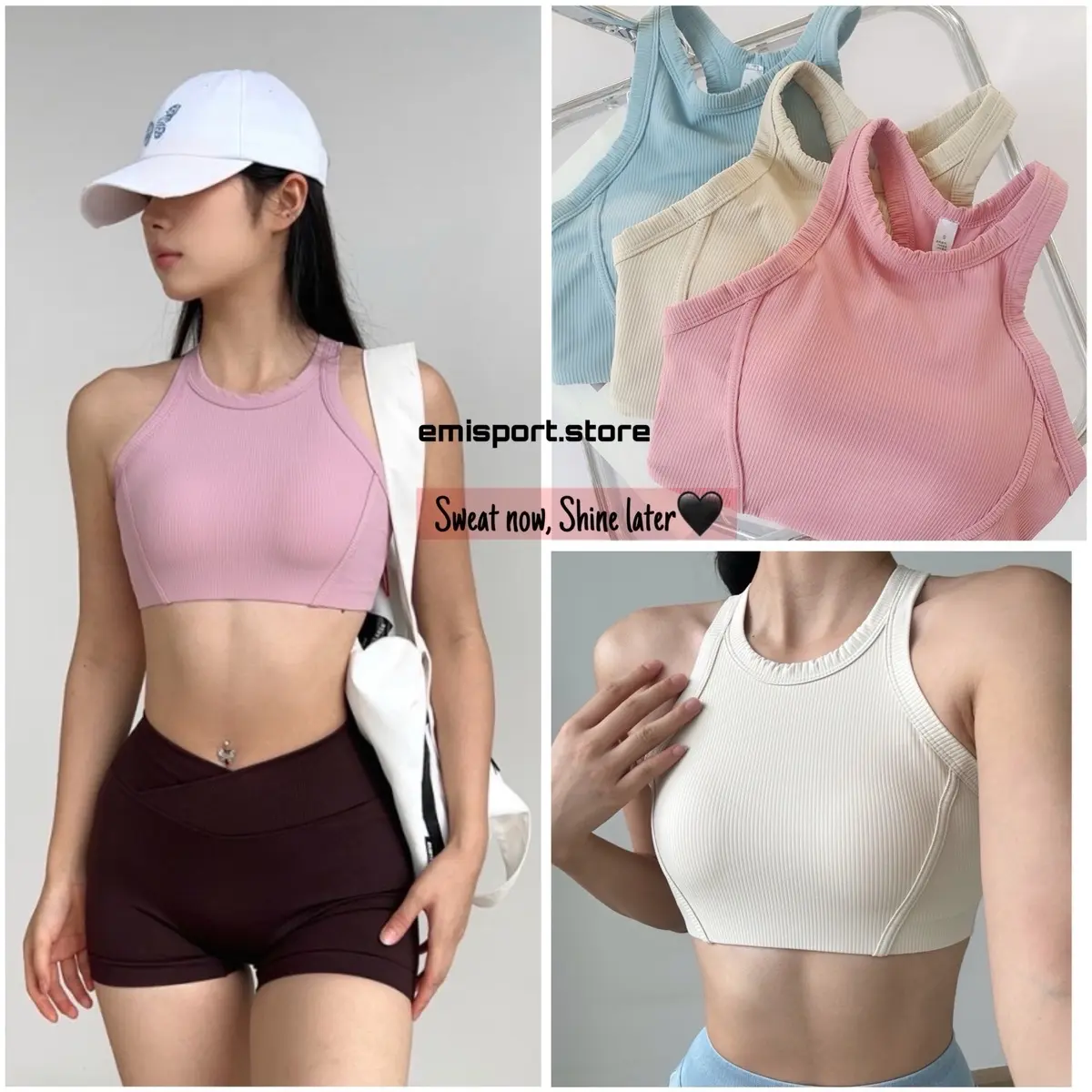 Áo tập QCCC sport bra yếm cổ cao, dáng croptop, mút đúc lót trong