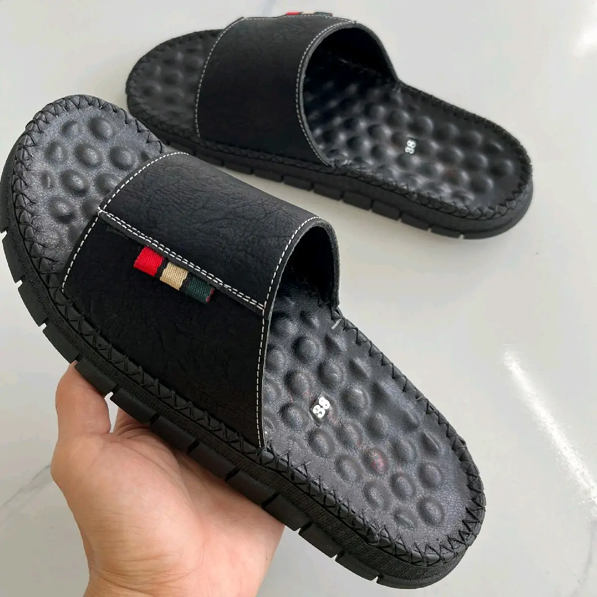 Dép Da Nam Cao Cấp , Đế Massage Chân , Khâu Chỉ Slipper Dép