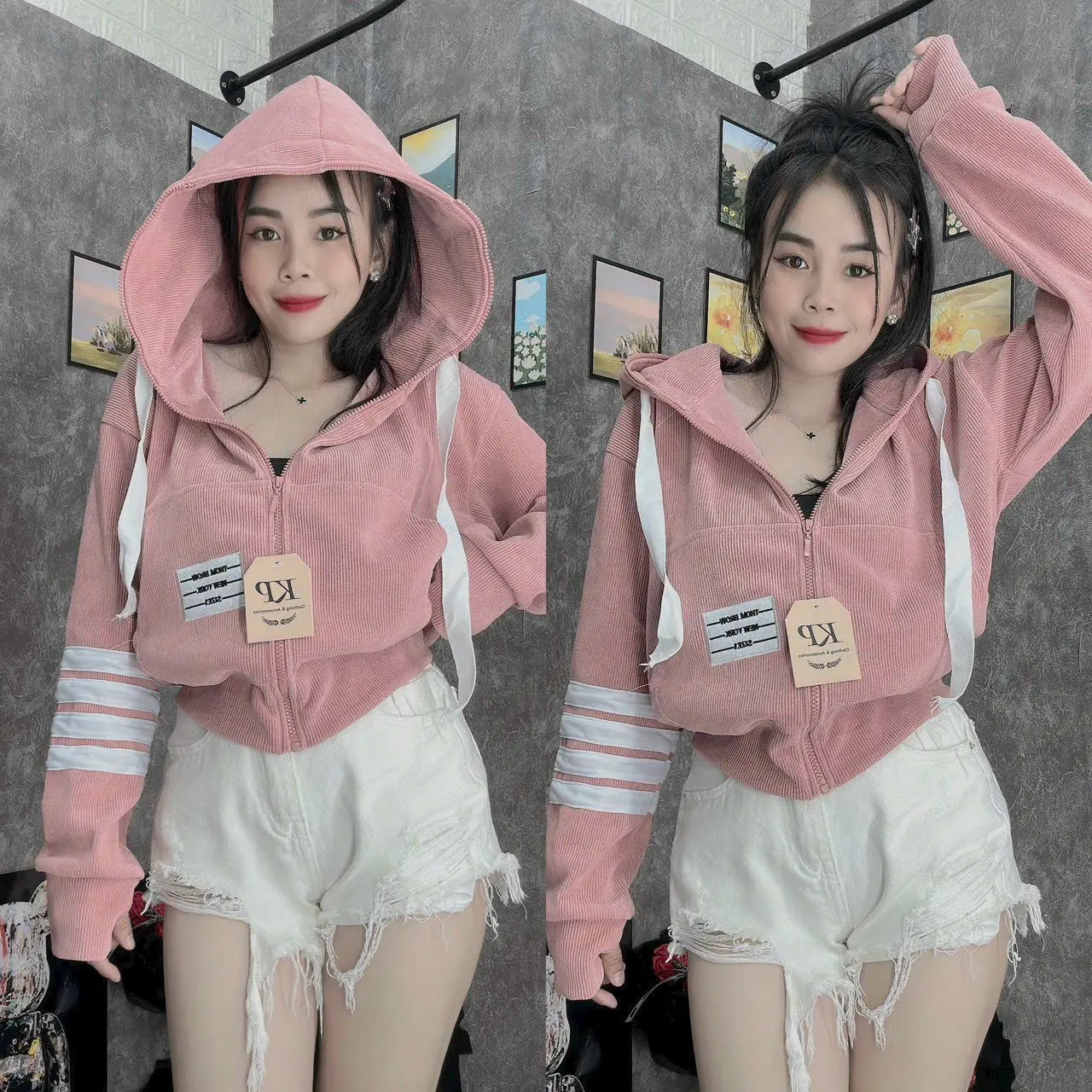 [FREESHIP] ÁO KHOÁC NHUNG GÂN TĂM NỮ DÁNG LỬNG THÊU LOGO CÓ TÚI TRONG THỜI TRANG Women Jacket Top Cổ Tròn Xanh Dương