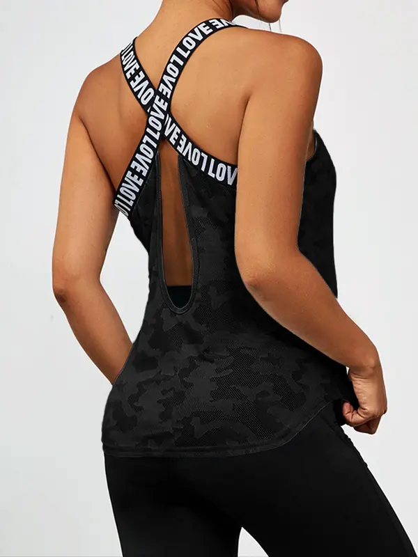 Sporty Women's Camo Print Letter Tape Sports Vest, Sport Criss Cross Cut Out Tank Top, Gym Clothes, Running Vest, Ladies Sportswear Fitness for Summer, Gymclothes, Activewear,  Gym Wear 2