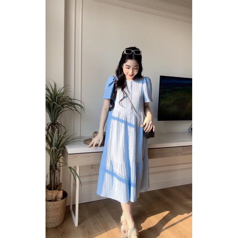 Váy babydoll, Đầm váy bầu Babydoll ba tầng gài cúc from rộng chất Đũi gân Nữ Women Voan Voi Dress 1