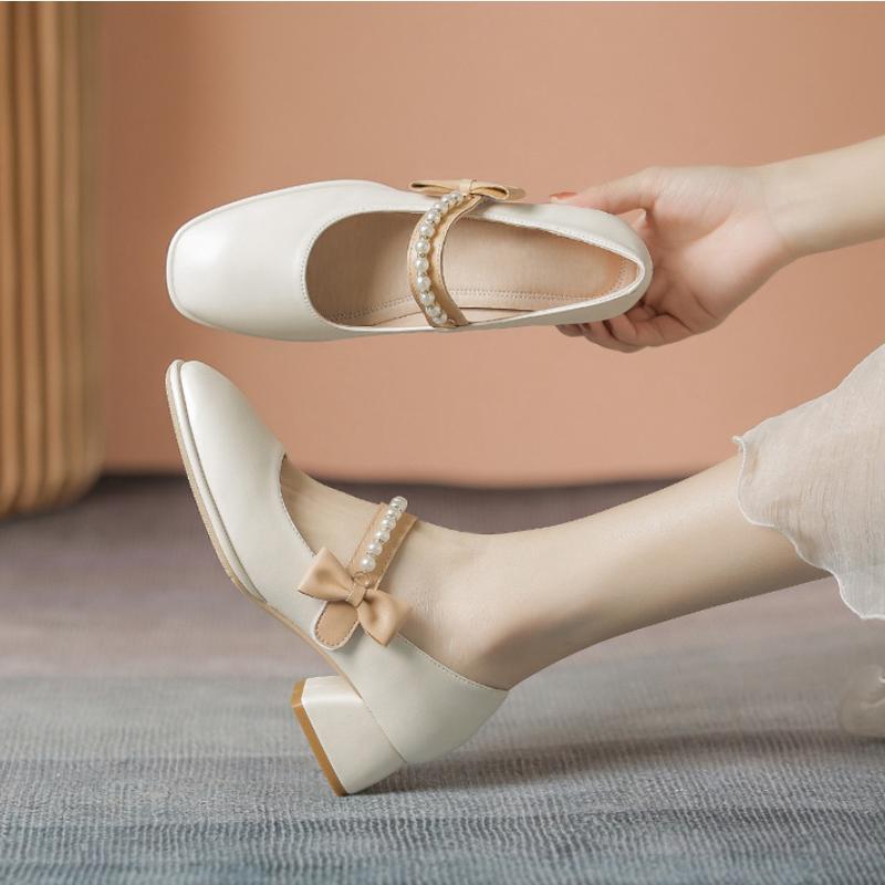 Giày Búp Bê Nữ Đế Cao 3 Phân Bít Mũi Vuông Đính Nơ Quai Ngang