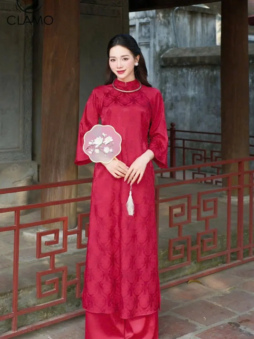 Áo Dài Gấm Thọ Dơi cách tân dáng suông cho Nữ - Women Dress Nhung
