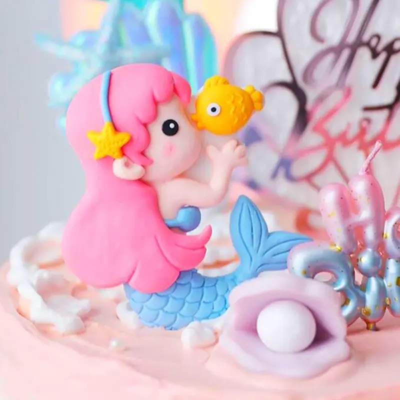 Mermaid Themed Cake Decoration Set, 6 Counts/set Mermaid Tail & Shell & Starfish & Birthday Card Cake Topper, Cake Decoration Supplies for Birthday Party, Ornaments 2