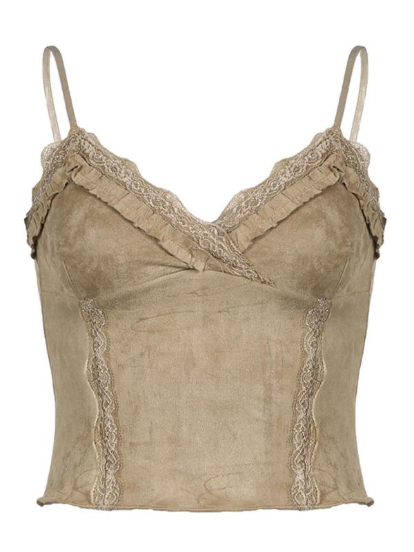 Women's Contrast Lace Cami Crop Top without Necklace, Summer Clothes, Solid Frill Trim Spaghetti Strap Top for Summer, Women's Clothing for Daily Wear 6