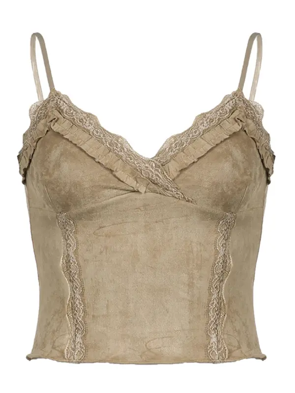 Women's Contrast Lace Cami Crop Top without Necklace, Summer Clothes, Solid Frill Trim Spaghetti Strap Top for Summer, Women's Clothing for Daily Wear 6
