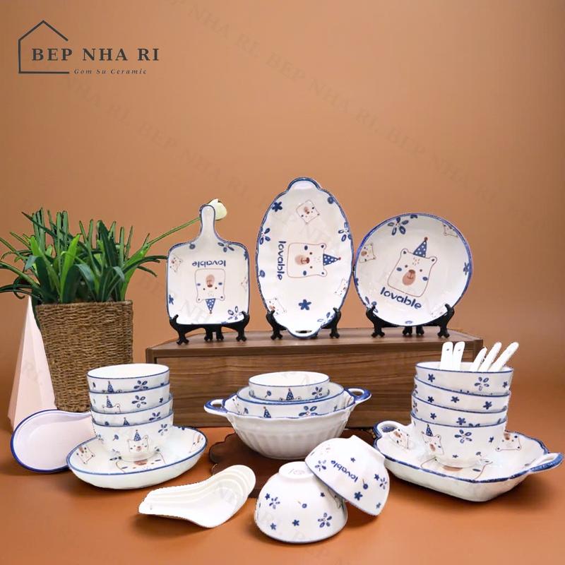 [ BepNhaRi ] Bộ Bát Đĩa họa tiết Gấu Xanh - Gốm sứ CERAMIC loại 1 - GÓC NHỎ YÊU THƯƠNG DÀNH CHO CẢ NHÀ