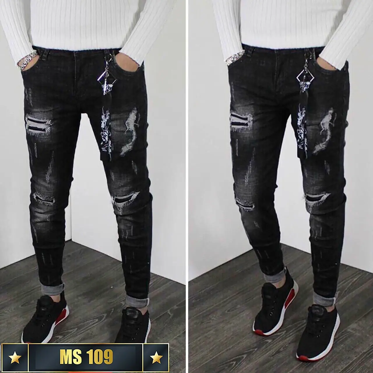 Quần jean nam màu đen rách kiểu chất bò đẹp 109
