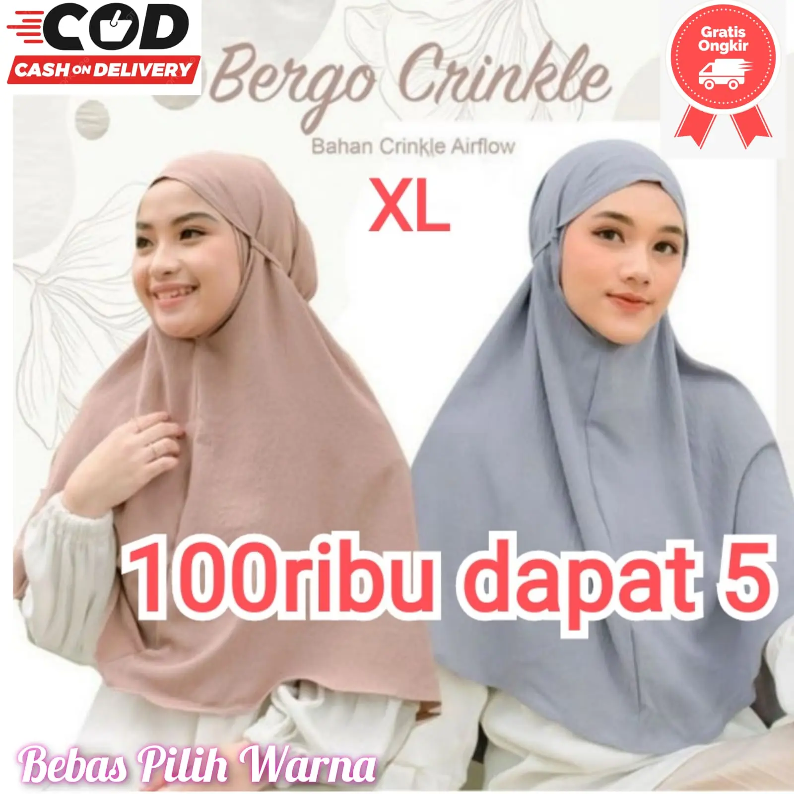 (100 ribu 5 pcs) Paket Usaha Bergo Maryam Crinkle Airflow XL Jilbab Instan Muslim Dewasa