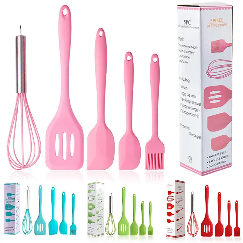 5pcs Silicone Kitchenware All-in-One Baking Whisk Oil Brush Kitchen Tools Cooking Silicone Spatula Set Bakeware Stainless Silicone