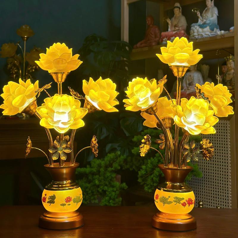 Đèn Hoa Sen Bình Ngọc Lưu Ly Chân Đế Hợp Kim 5 Bông Hoa Sen Nở Cao 55 - 65 cm 1 Đôi - Tuệ Nga
