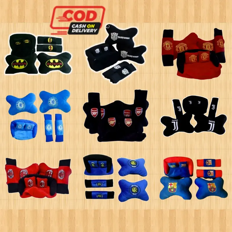 Bantal 3 in 1 Mobil Leher Set Karakter Hero Bantal Set Mobil 3 in 1 Team Sepakbola Headrest Car Set 3 in 1