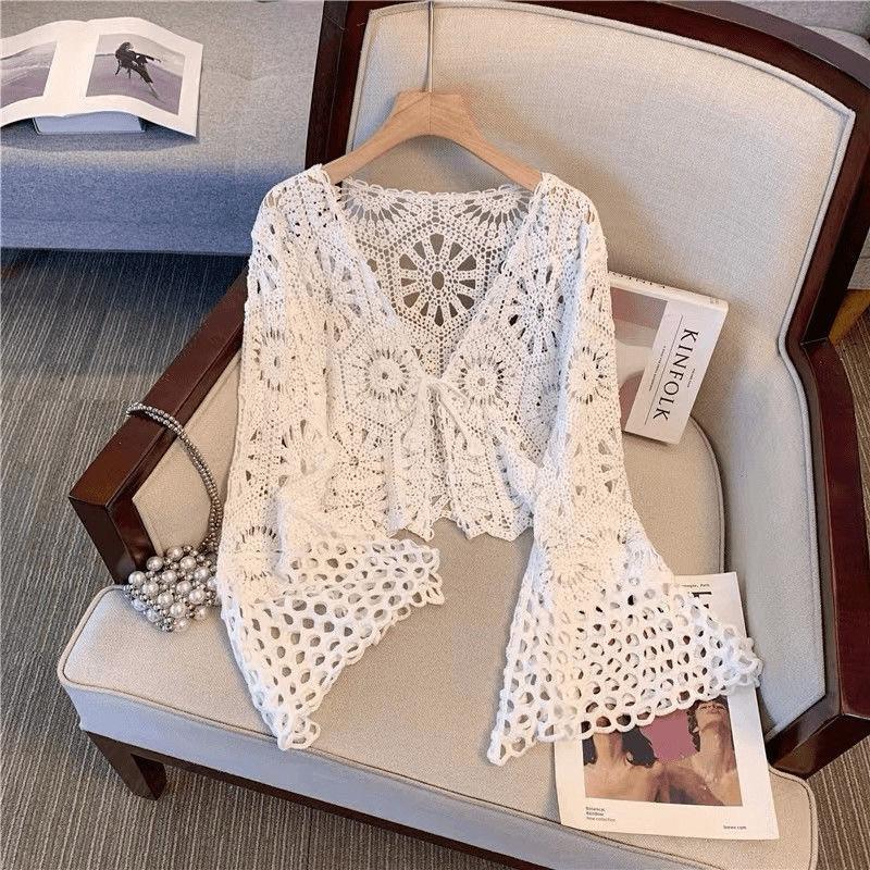 HTSHOP- Áo lưới mặc ngoài bikini, áo cadigan len móc đi biển tay loe phong cách Boho thời trang đi biển mùa hè 2025
