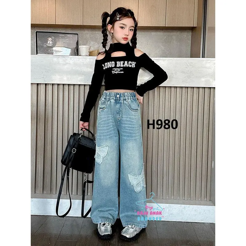 H980 Celana Kulot Butterfly Jeans Anak Perempuan Tanggung 4