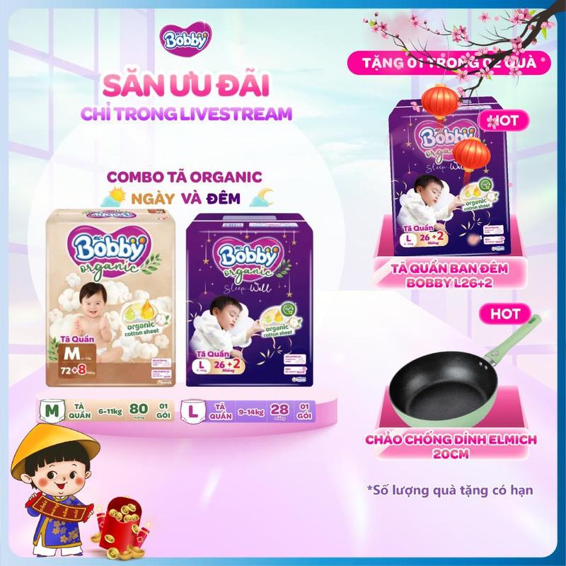   KOL   COMBO ORGANIC-TẶNG TQ ĐÊM CHẢO ELMICH 20  Tã Bỉm quần Bobby Organic Ngày và Đêm size M L XL XXL XXXL cho bé từ 6kg-35kg  CỘNG MIẾNG NGẪU NHIÊN  