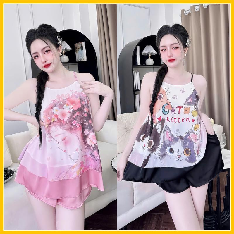 Đồ bộ ngủ áo yếm quần đùi dành cho nữ họa tiết in 3D chất liệu voan chinfong và lụa latin mềm mịn Women