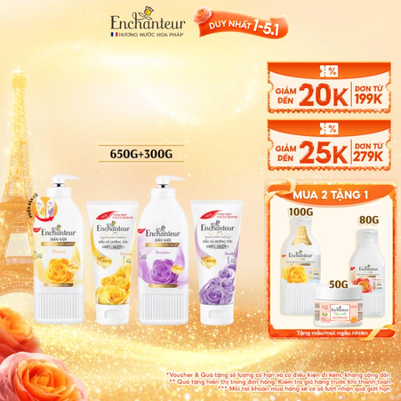  DUY NHẤT 1-5.1  TẶNG 1 CHAI DẦU XẢ 300G  Dầu Gội Enchanteur 650g Thơm Hương Nước Hoa với Keratin Dầu Hạnh Nhân B5 x2 Phục Hồi Hư Tổn và Óng Ả Không gàu bết ngứa 
