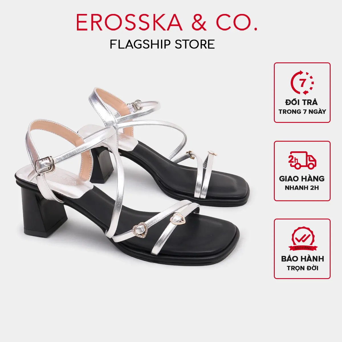 EROSSKA - Giày cao gót nữ quai chéo đính họa tiết trái tim mũi vuông thời trang cao 6cm - EM125