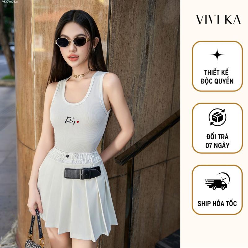 VIVIKA - Áo thun rip ba lỗ + chân váy xếp li dây nịt - VKAO00509 VKCV00331 Nữ Women