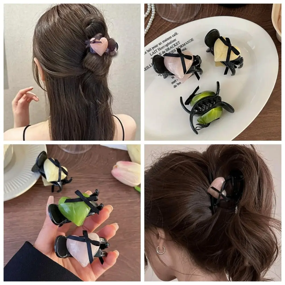 Exquisite Sweet Cute Heart Hair Claw Korean Style Headdress High Ponytail Hair Clip Bowknot Ribbon Mini Girls Hairpin Women