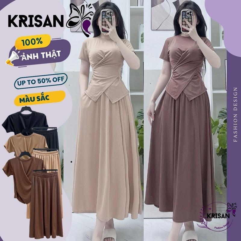 Set Bộ Áo Xoắn Eo Vạt Nhọn Thun Tăm Cộc Tay Mix Chân Váy Dài Cùng Màu, Set Chân Váy Dài Thanh Lịch Form Ôm  KRISAN