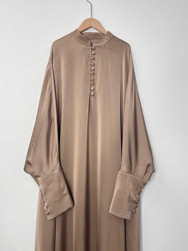 Arabic Clothing-Solid Button Front Batwing Sleeve Kaftan, Modest Mock Neck Long Sleeve Maxi Dress for Women, Women's Islamic Clothing for Spring, Modest Muslim Clothes 7