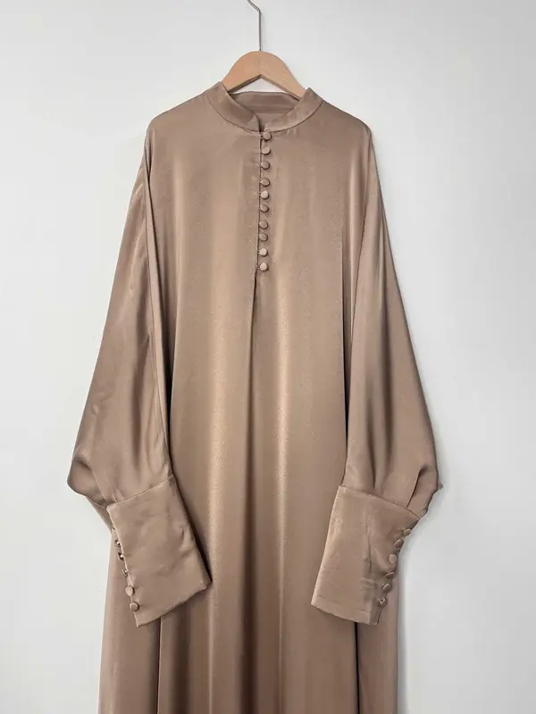 Arabic Clothing-Solid Button Front Batwing Sleeve Kaftan, Modest Mock Neck Long Sleeve Maxi Dress for Women, Women's Islamic Clothing for Spring, Modest Muslim Clothes 7